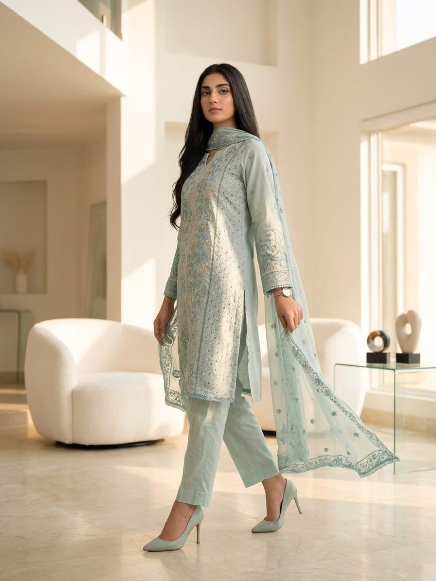 Spring Pure Cotton Embroidered Readymade Suit – Party Wear